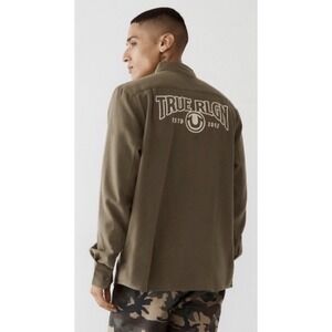 True Religion Flannel Shirt‎ Men's XL Olive Green Long Sleeve Back Graphic Logo
